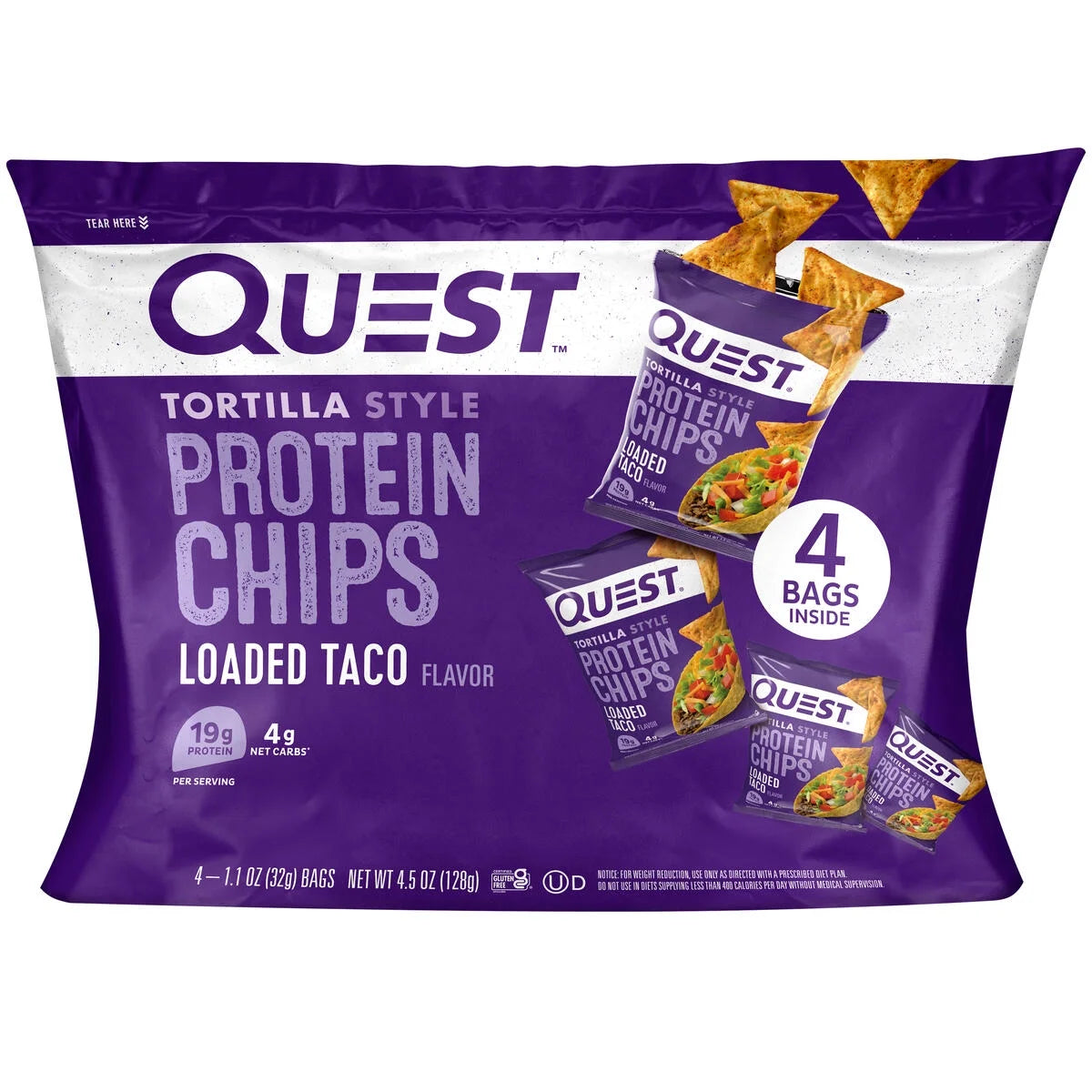 Quest Tortilla Style Protein Chips, Loaded Taco Flavor, Baked, Low Carb, 4 Count