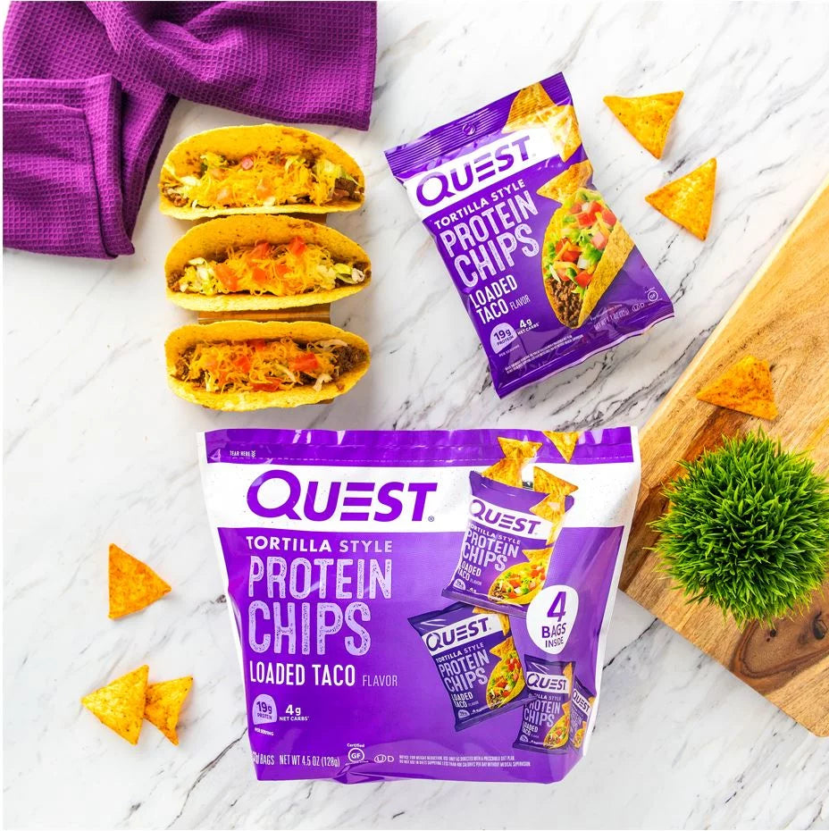 Quest Tortilla Style Protein Chips, Loaded Taco Flavor, Baked, Low Carb, 4 Count