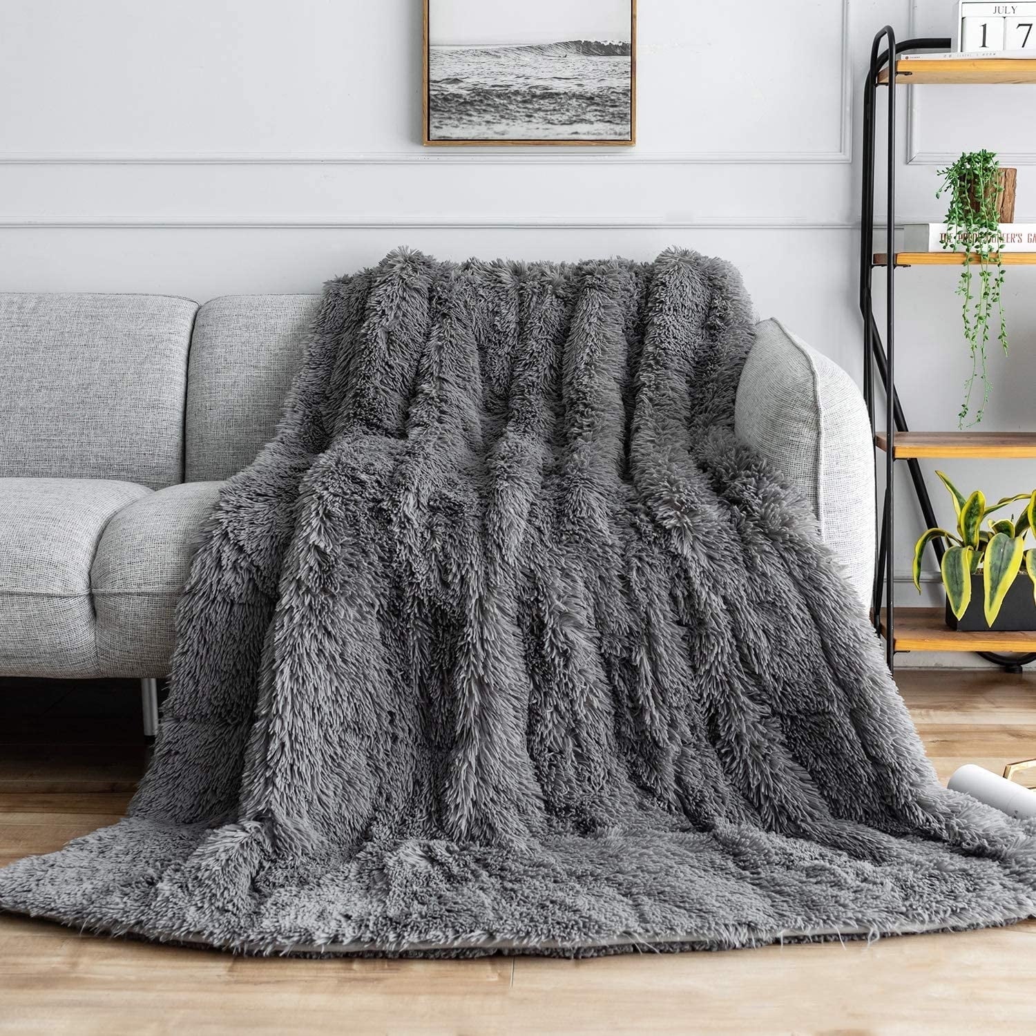 Weighted Blanket 20Lbs for Adults, Super Soft Plush Fleece and Sherpa Blanket, Shaggy Long Fur Throw Blankets, 60"X80" Gray