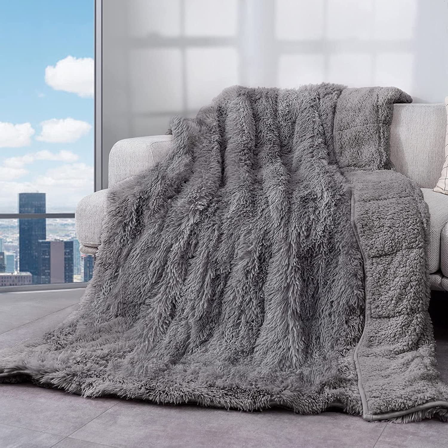 Weighted Blanket 20Lbs for Adults, Super Soft Plush Fleece and Sherpa Blanket, Shaggy Long Fur Throw Blankets, 60"X80" Gray