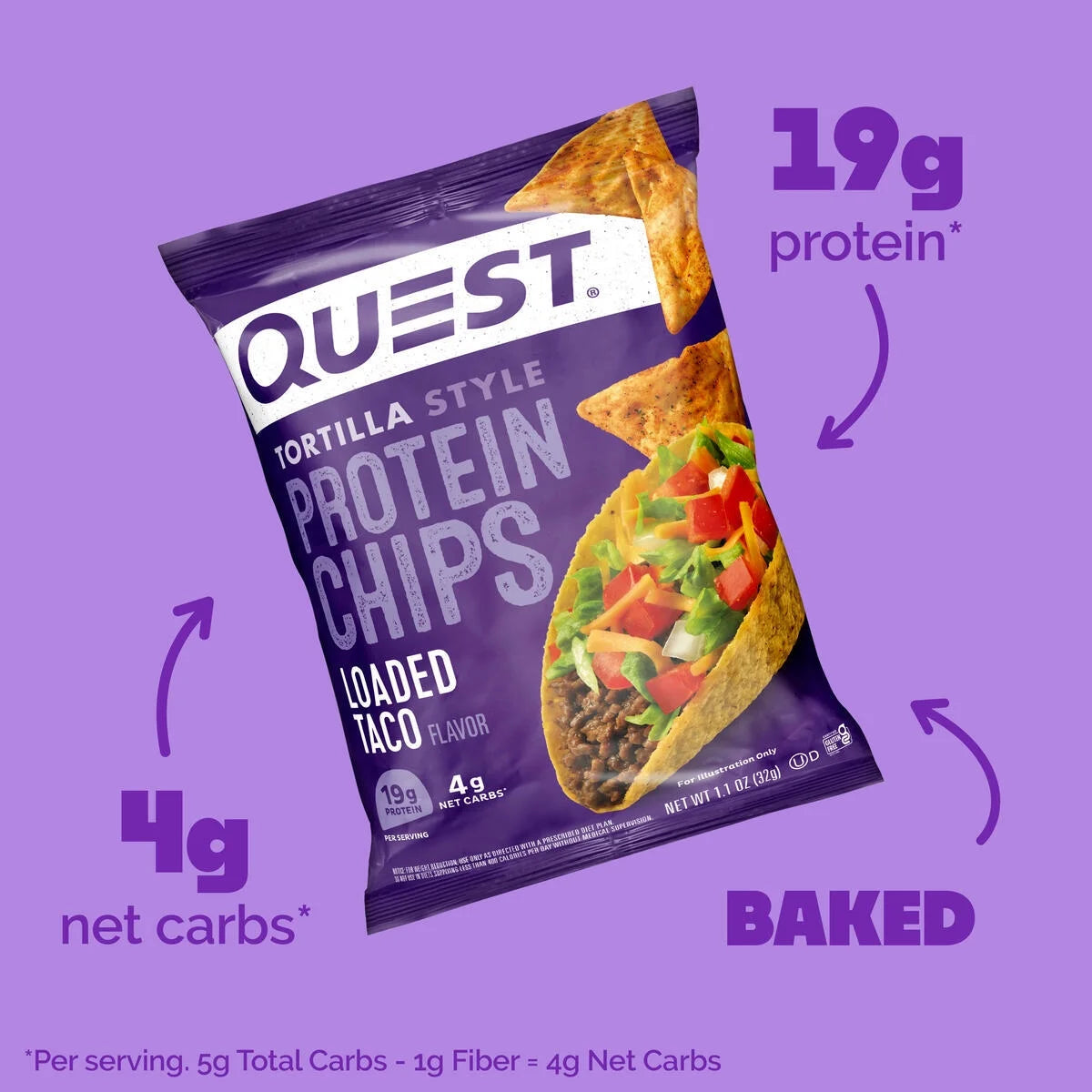Quest Tortilla Style Protein Chips, Loaded Taco Flavor, Baked, Low Carb, 4 Count